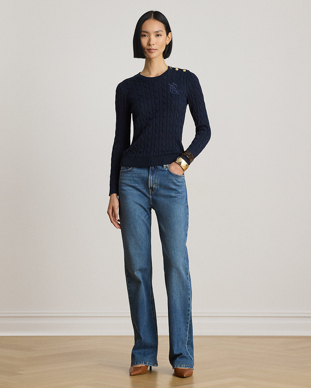 Button-Trim Cable-Knit Sweater