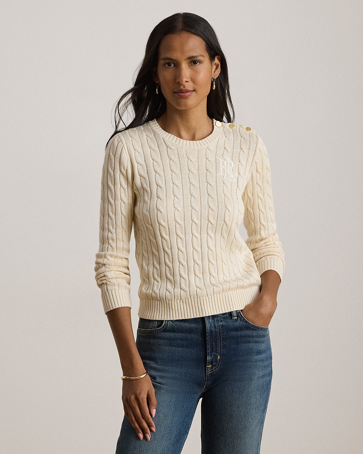 Button-Trim Cable-Knit Sweater