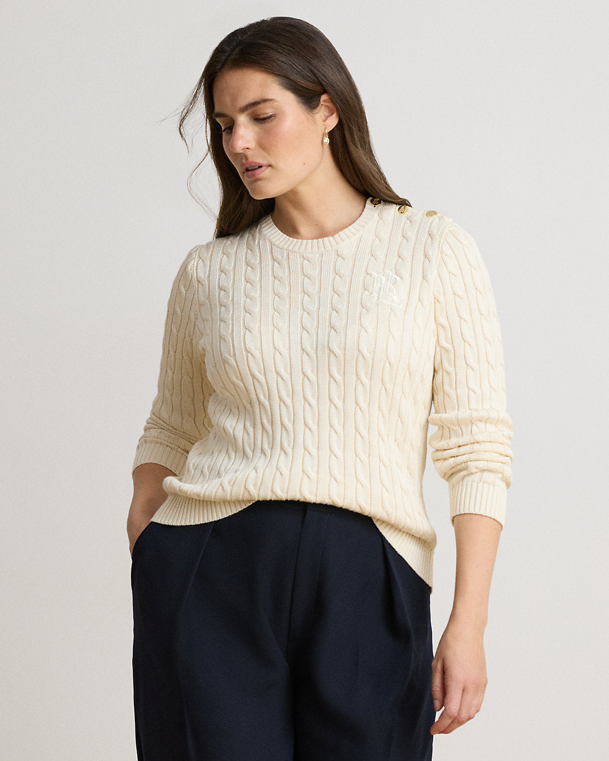 Button-Trim Cable-Knit Sweater