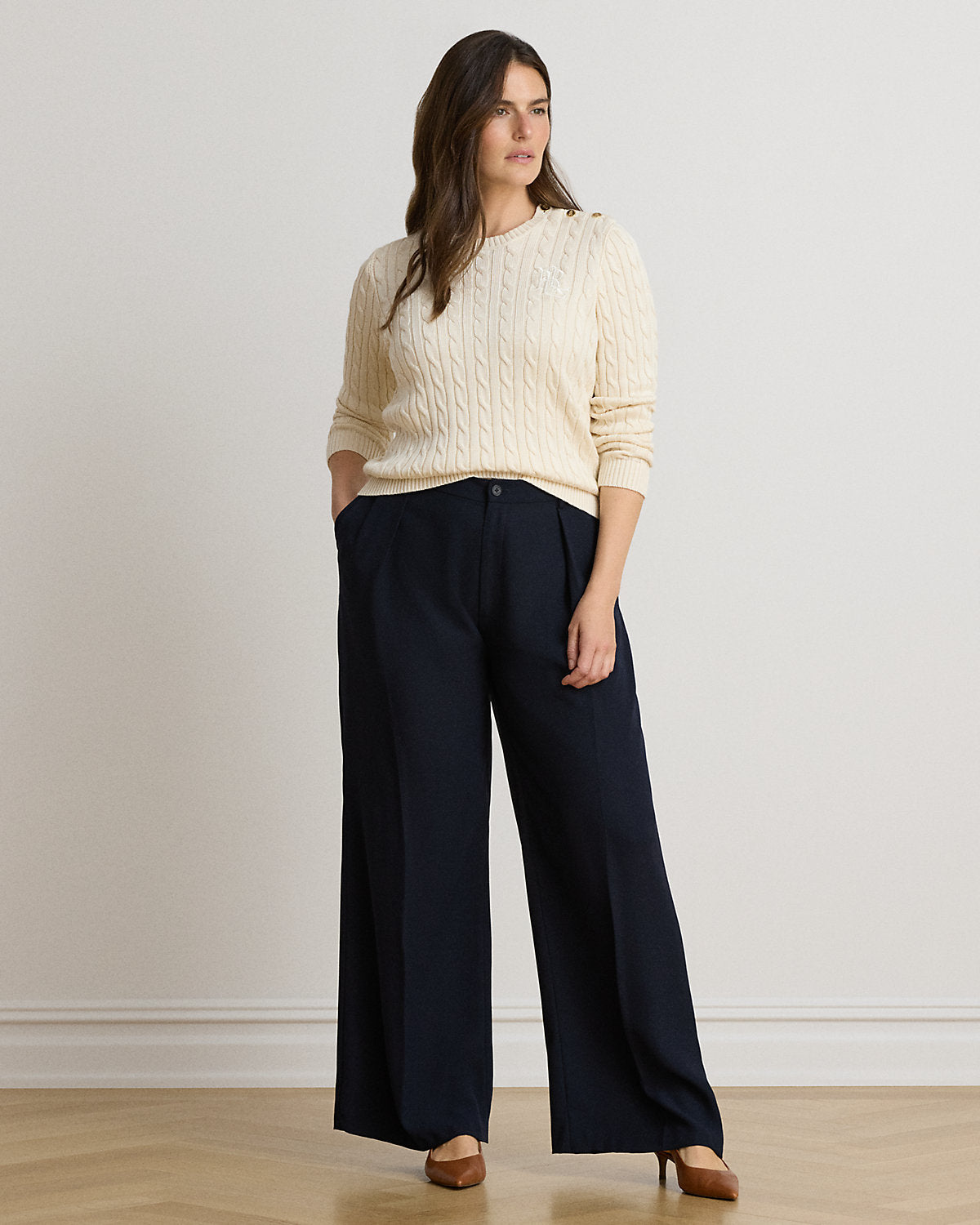 Button-Trim Cable-Knit Sweater
