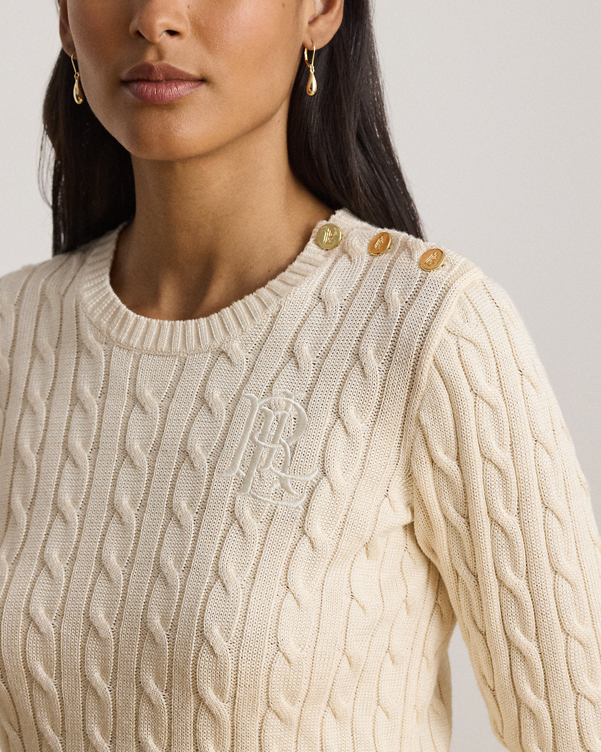 Button-Trim Cable-Knit Sweater