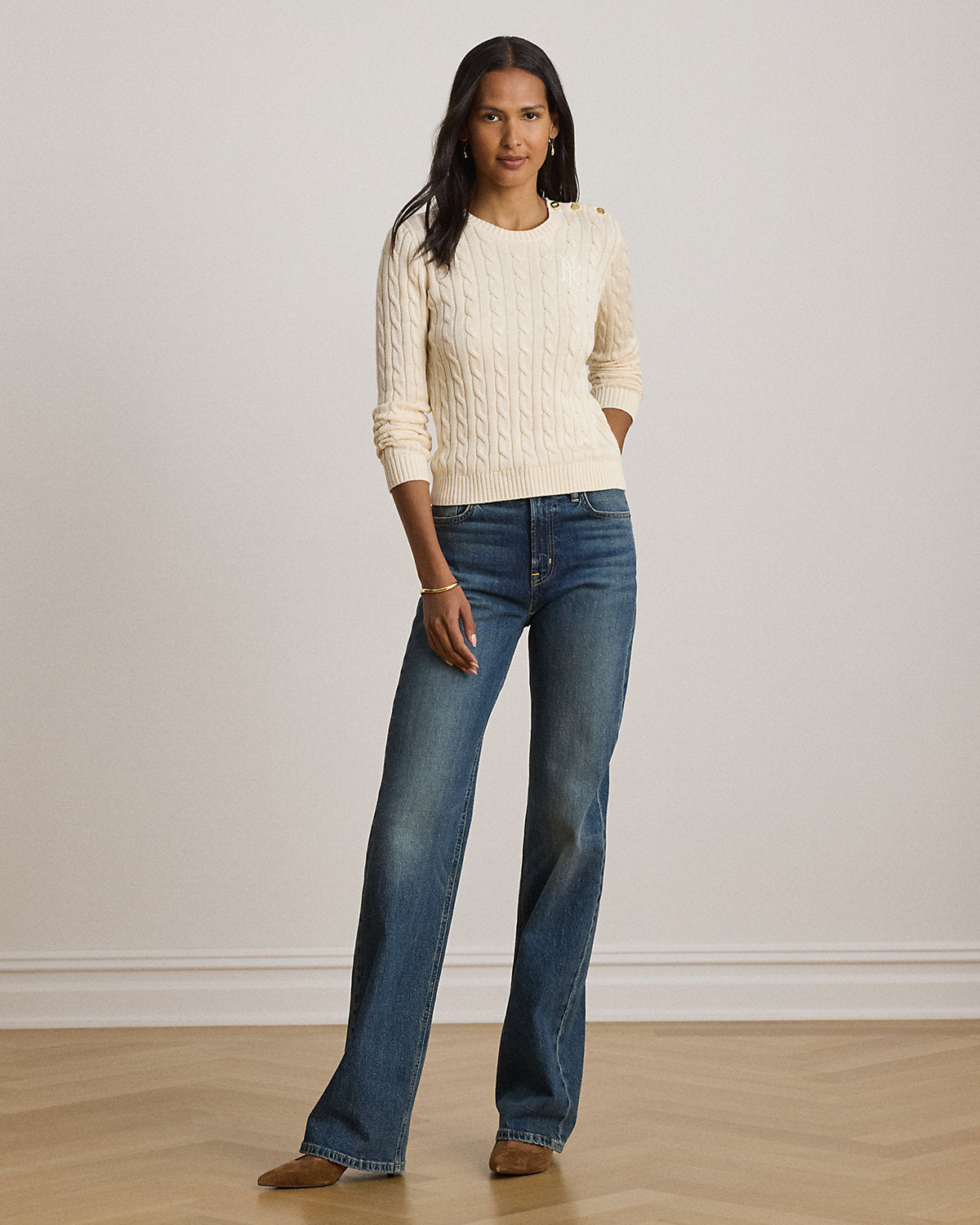 Button-Trim Cable-Knit Sweater