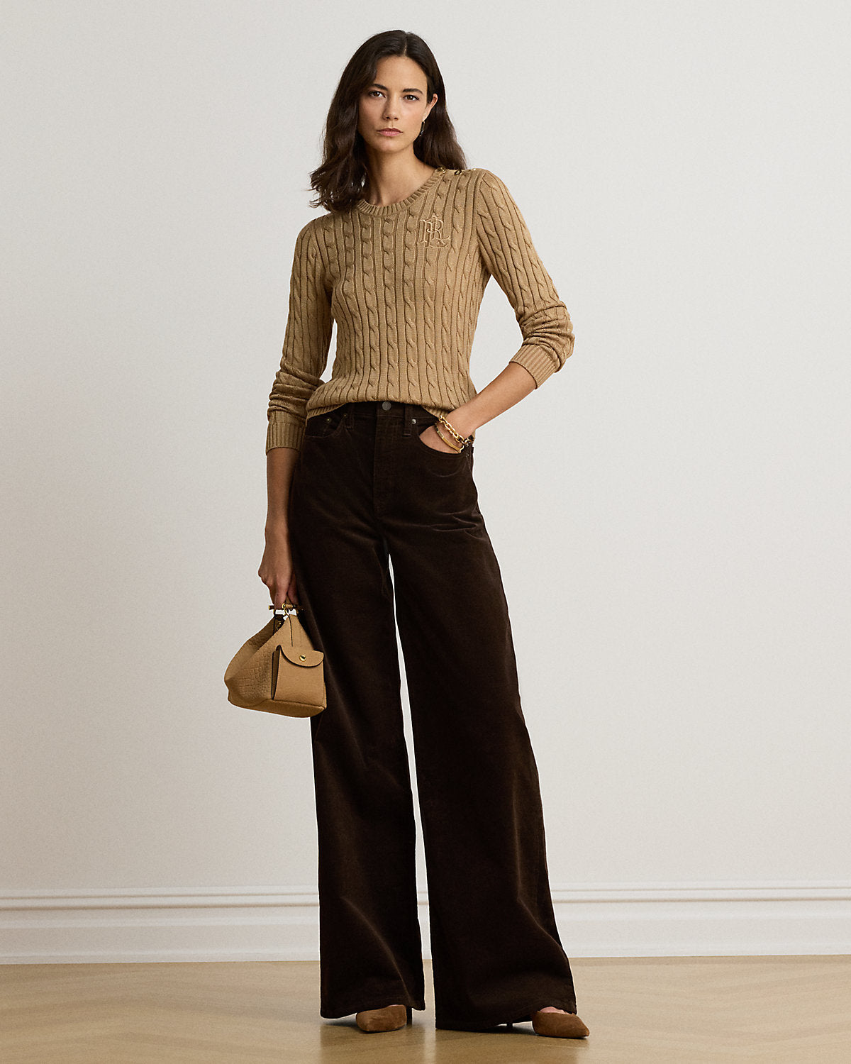 Button-Trim Cable-Knit Sweater
