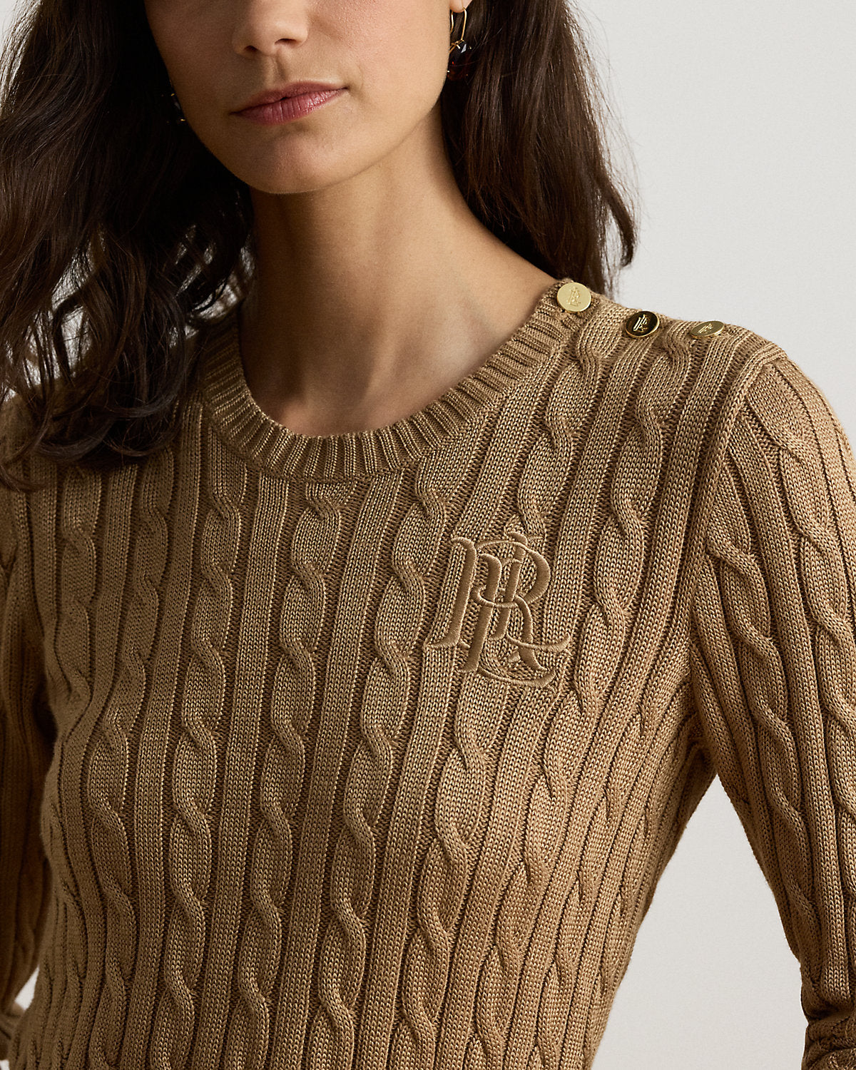 Button-Trim Cable-Knit Sweater