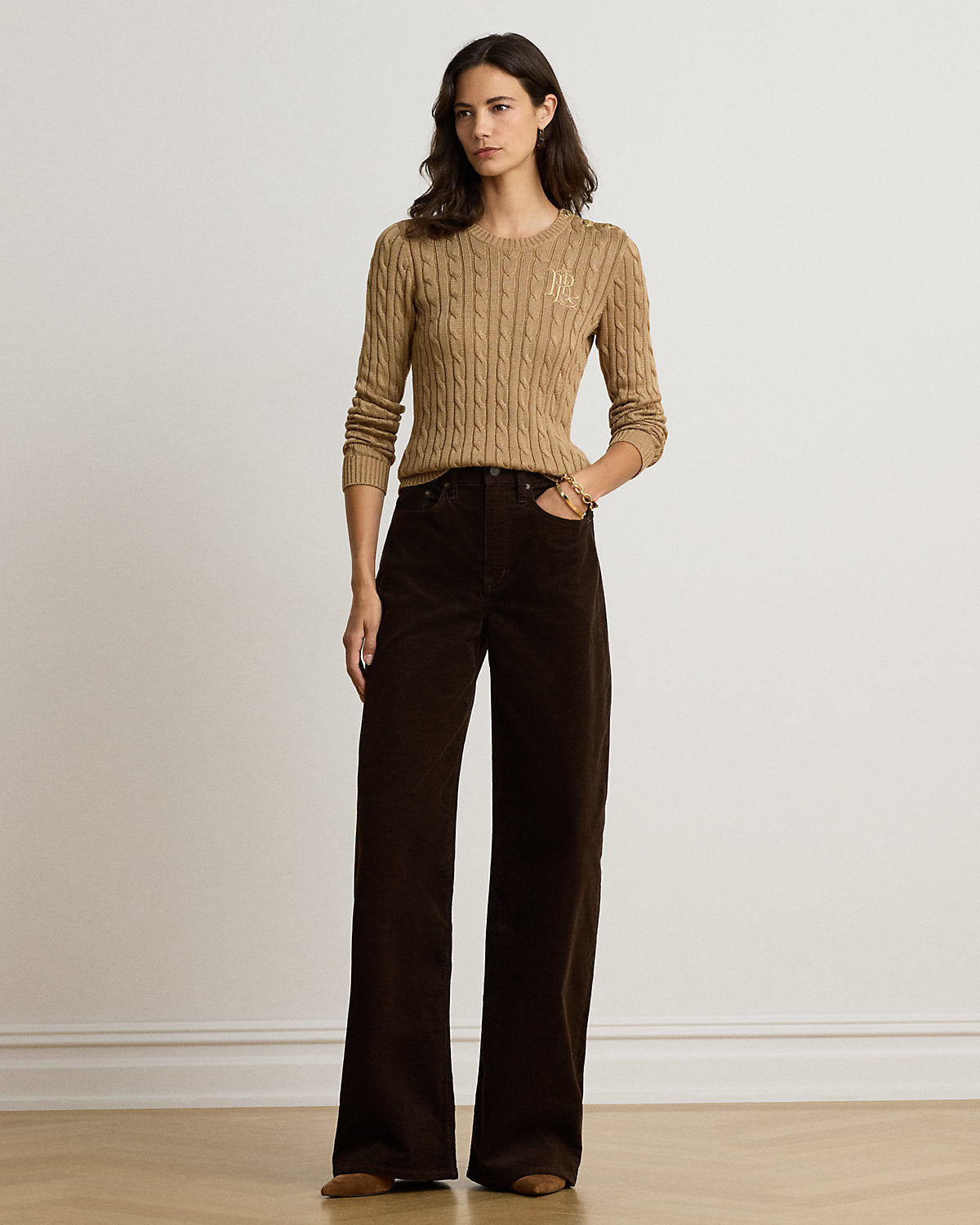 Button-Trim Cable-Knit Sweater