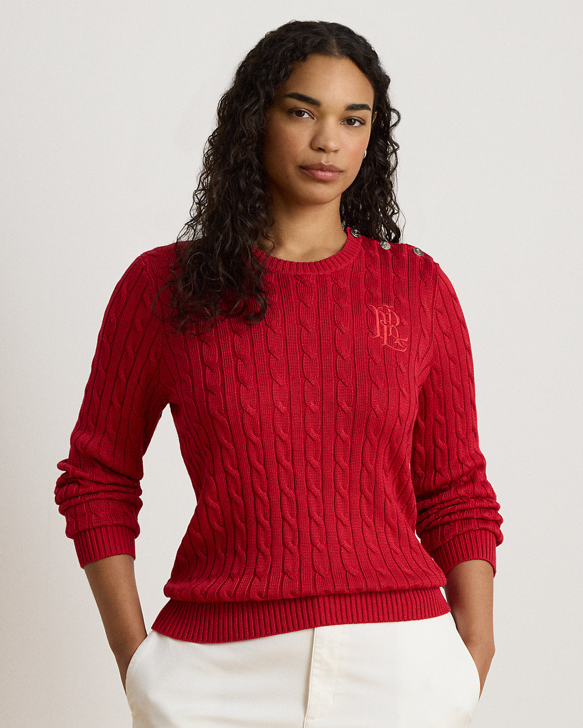 Button-Trim Cable-Knit Sweater