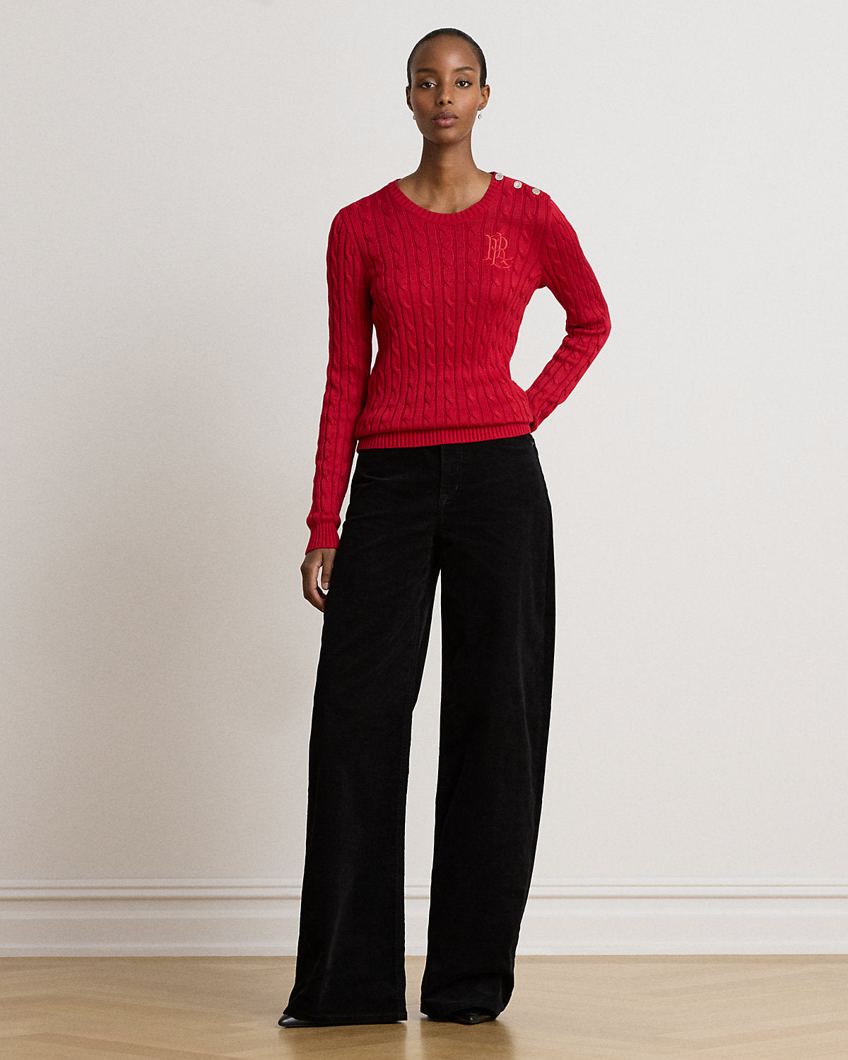 Button-Trim Cable-Knit Sweater