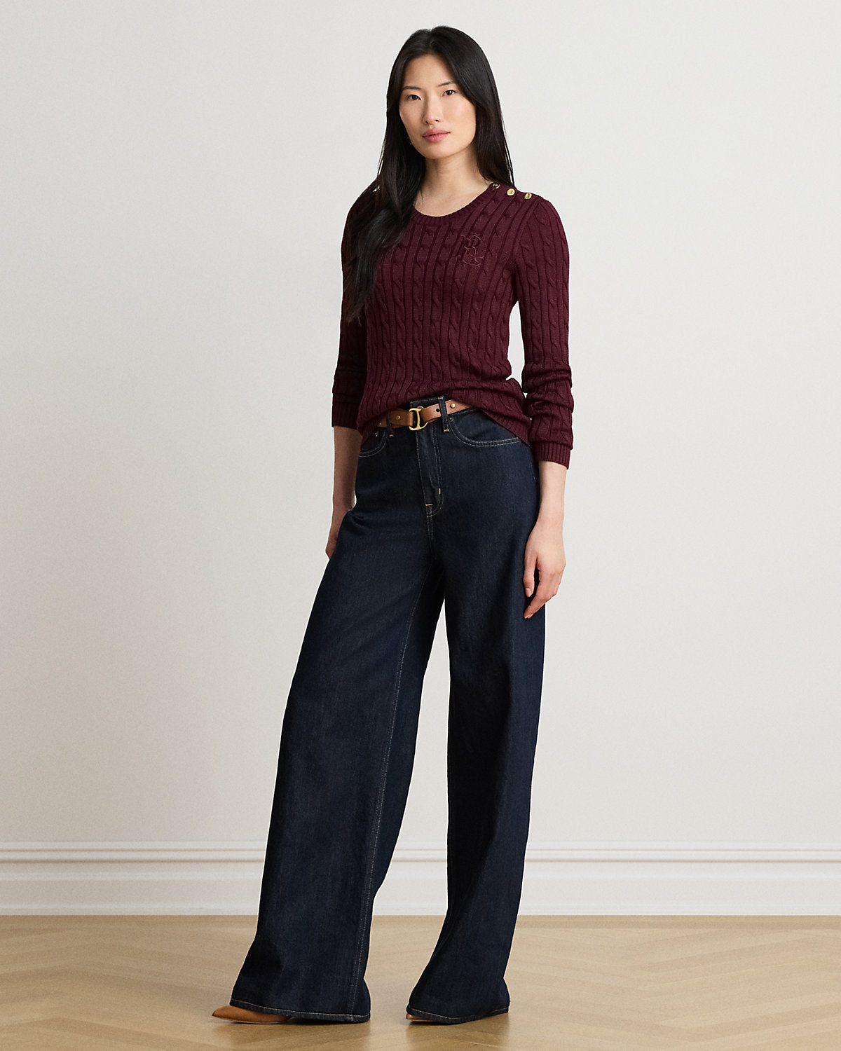 Button-Trim Cable-Knit Sweater