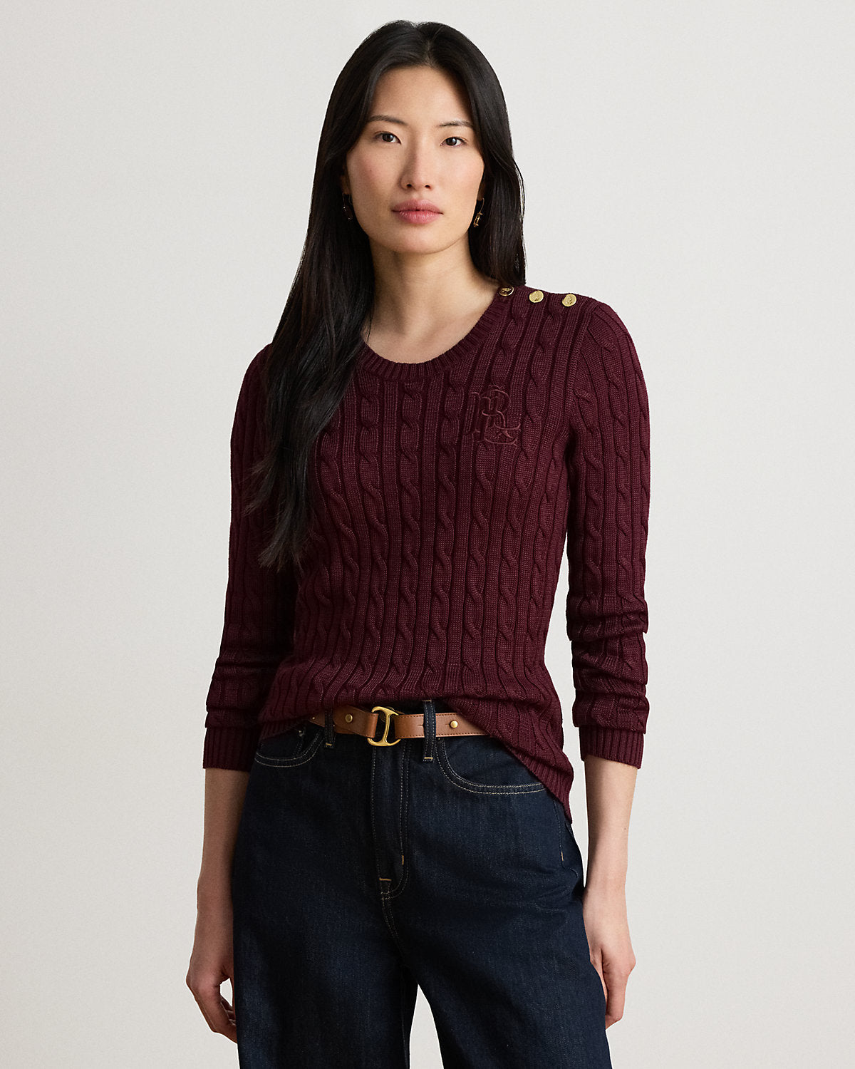 Button-Trim Cable-Knit Sweater