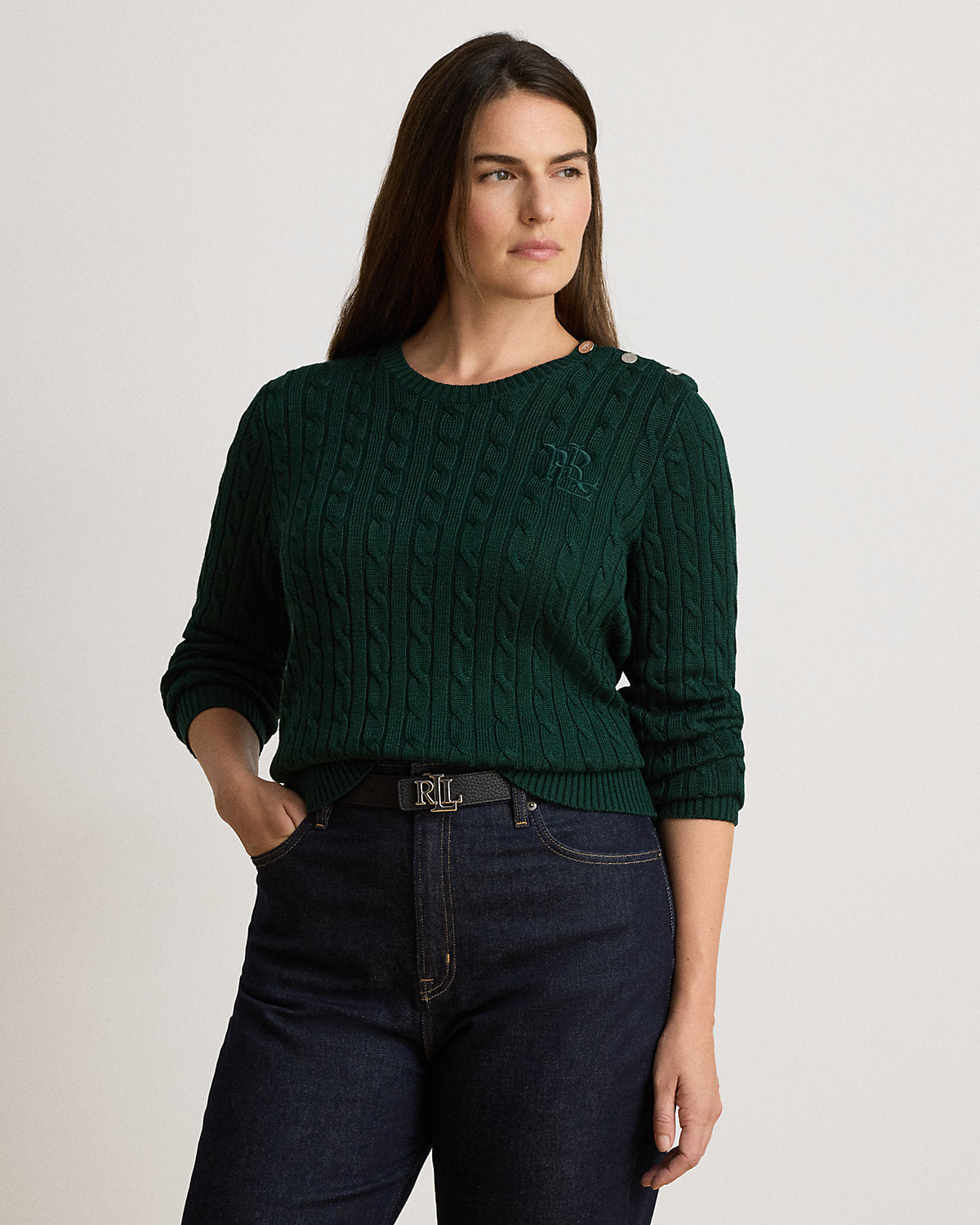 Button-Trim Cable-Knit Sweater