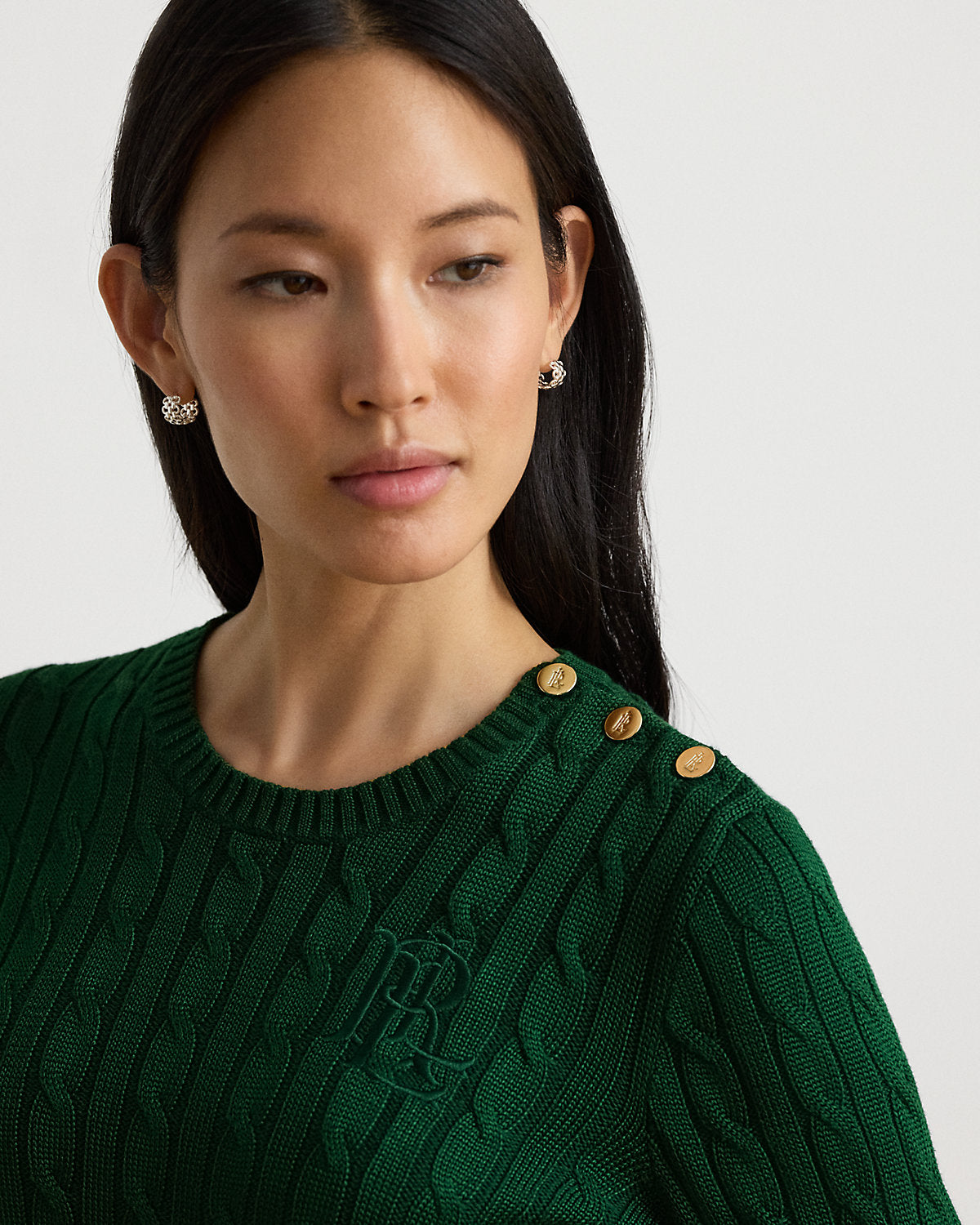 Button-Trim Cable-Knit Sweater
