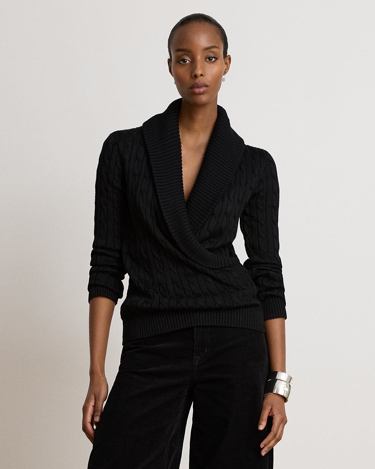 Cable Cotton-Blend Shawl-Collar Sweater