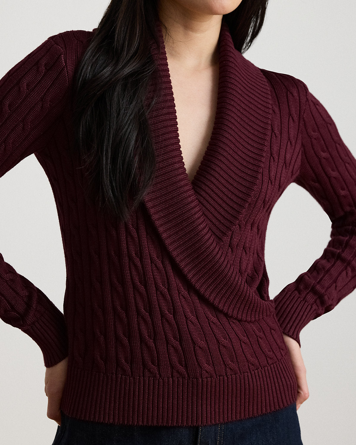 Cable Cotton-Blend Shawl-Collar Sweater
