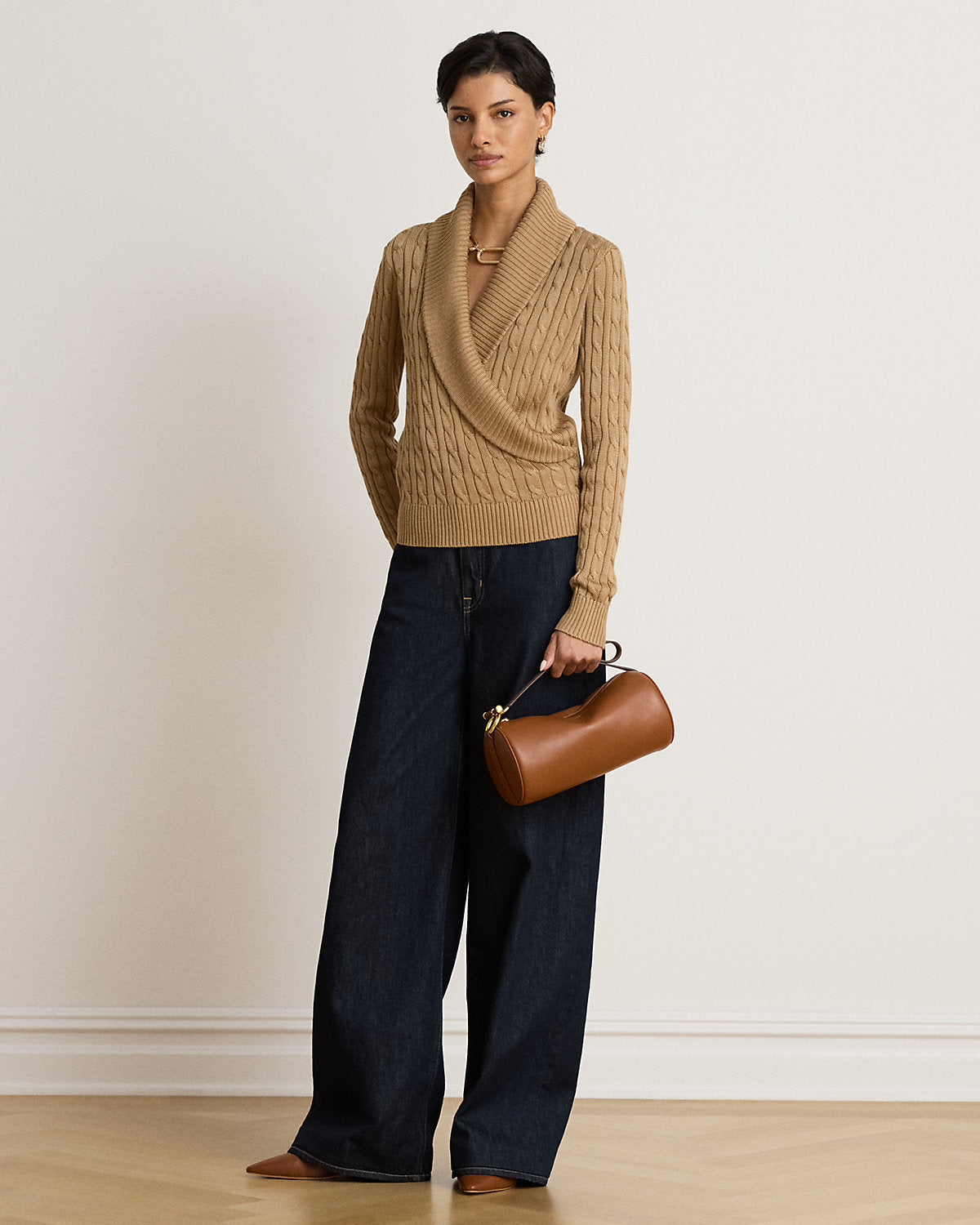 Cable Cotton-Blend Shawl-Collar Sweater