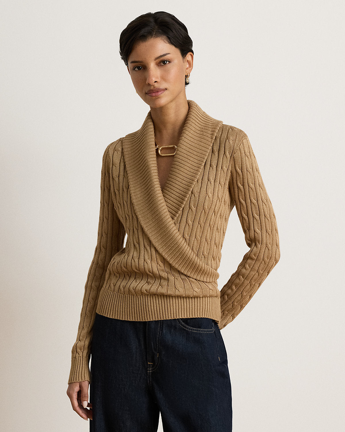 Cable Cotton-Blend Shawl-Collar Sweater