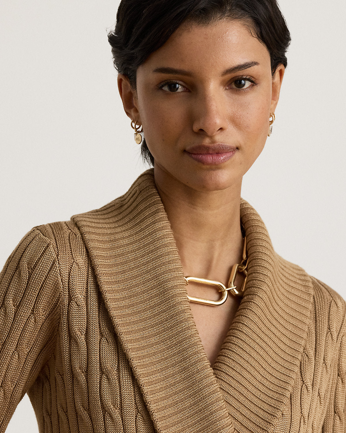 Cable Cotton-Blend Shawl-Collar Sweater