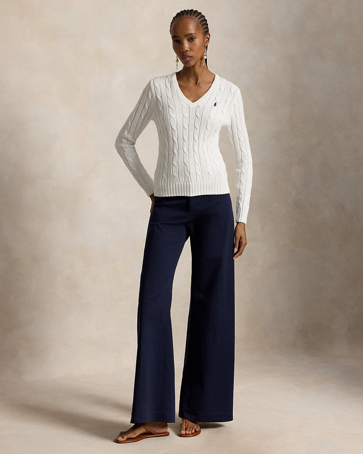 Cable-Knit Cotton V-Neck Sweater