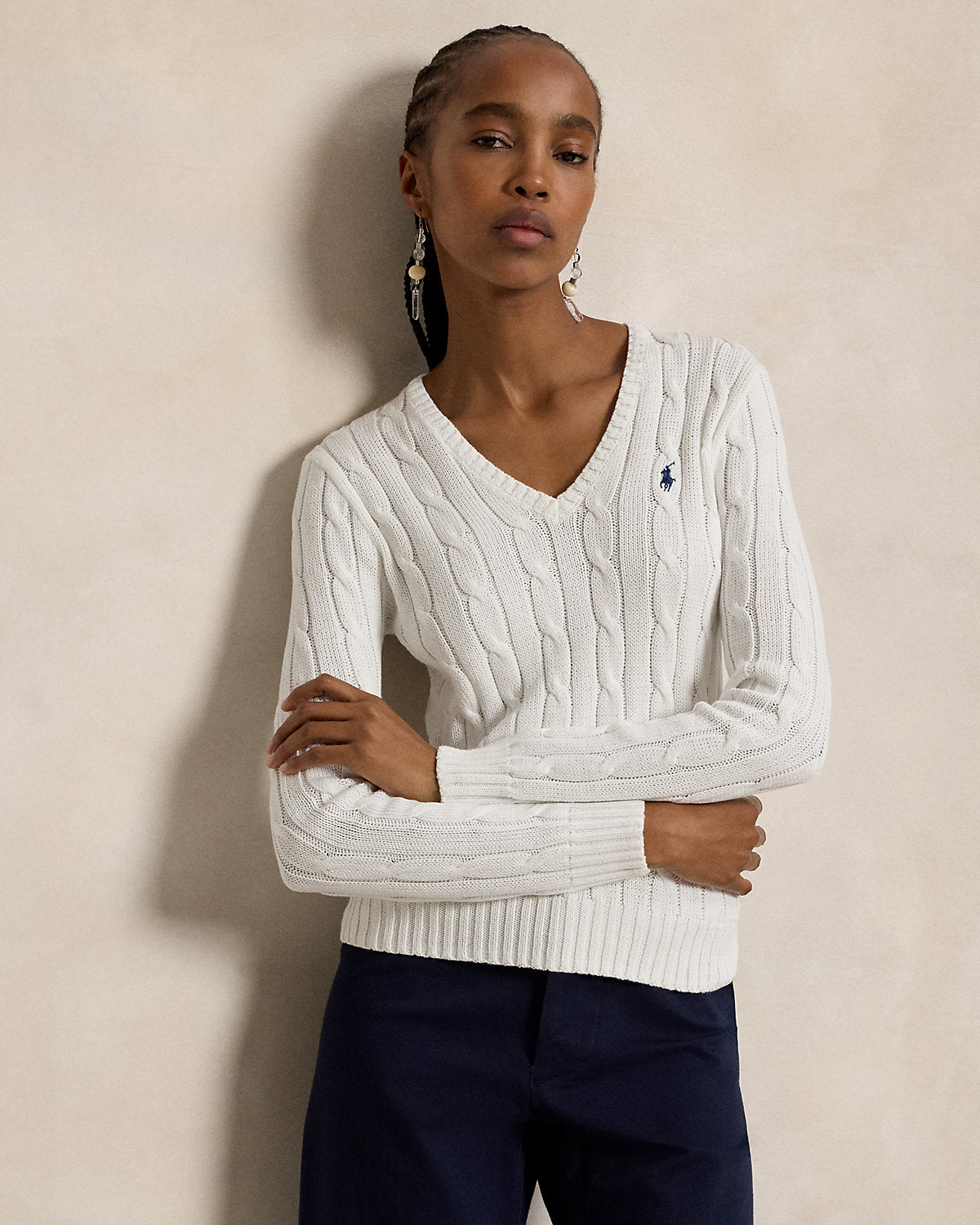 Cable-Knit Cotton V-Neck Sweater
