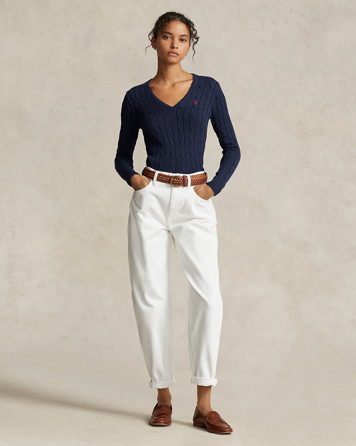Cable-Knit Cotton V-Neck Sweater
