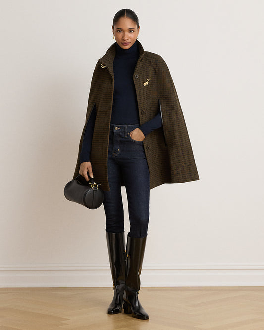 Houndstooth Buckle-Trim Mockneck Cape