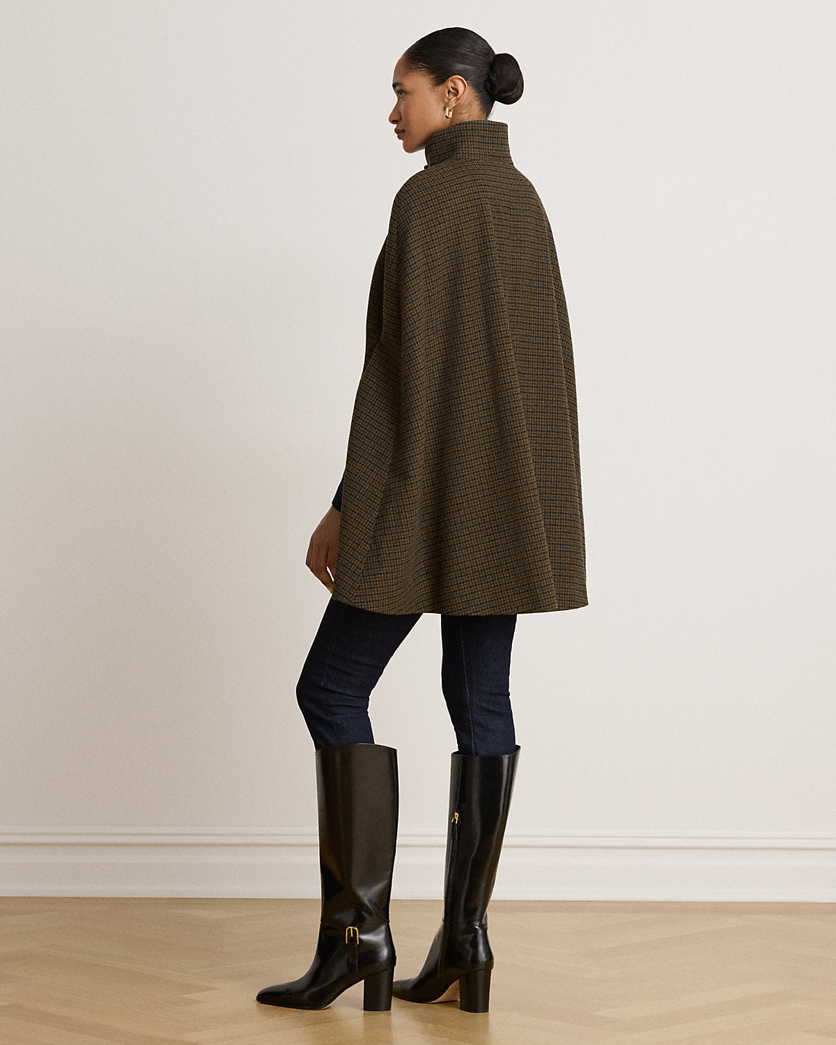 Houndstooth Buckle-Trim Mockneck Cape