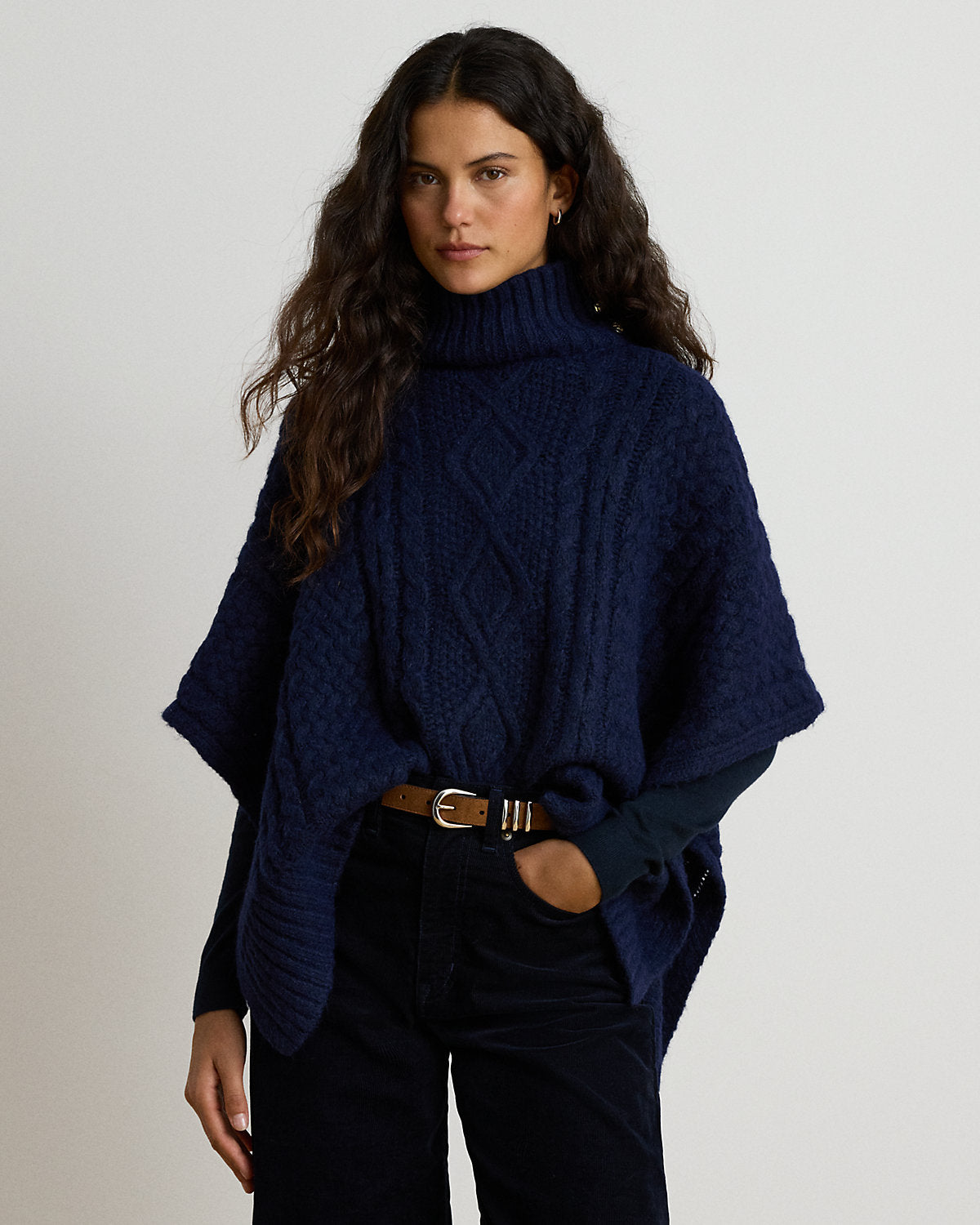 Button-Trim Cable-Knit Mockneck Poncho