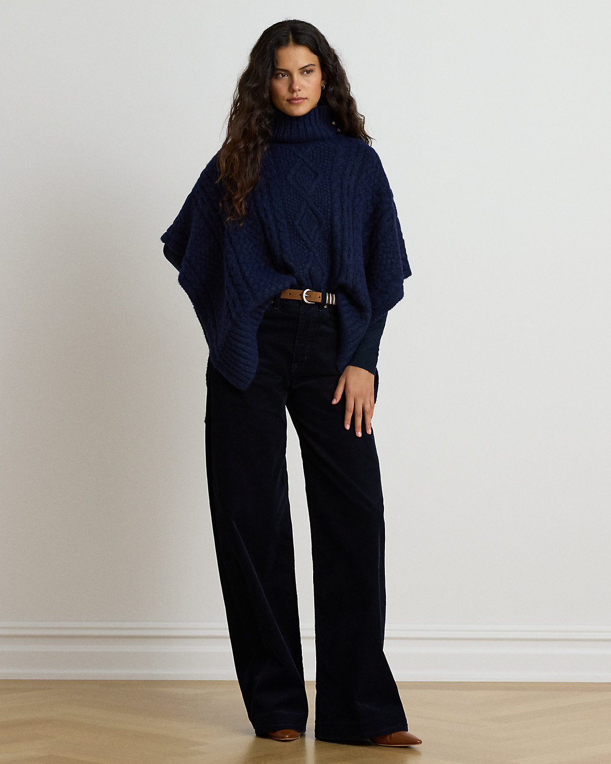 Button-Trim Cable-Knit Mockneck Poncho