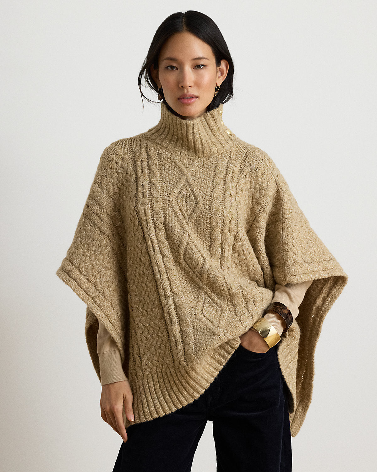 Button-Trim Cable-Knit Mockneck Poncho