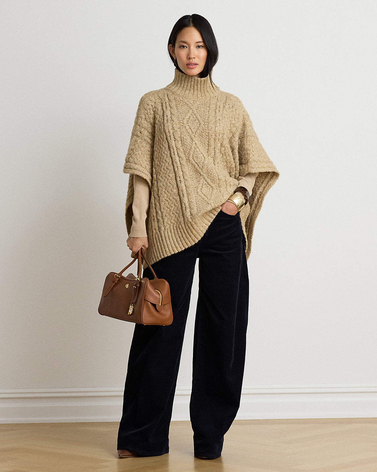 Button-Trim Cable-Knit Mockneck Poncho