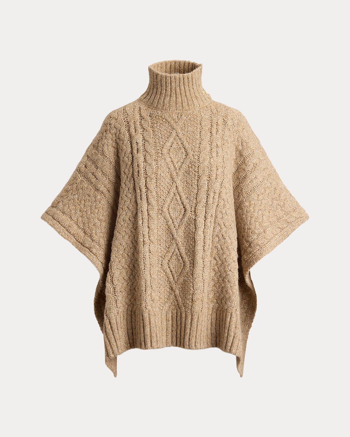 Button-Trim Cable-Knit Mockneck Poncho
