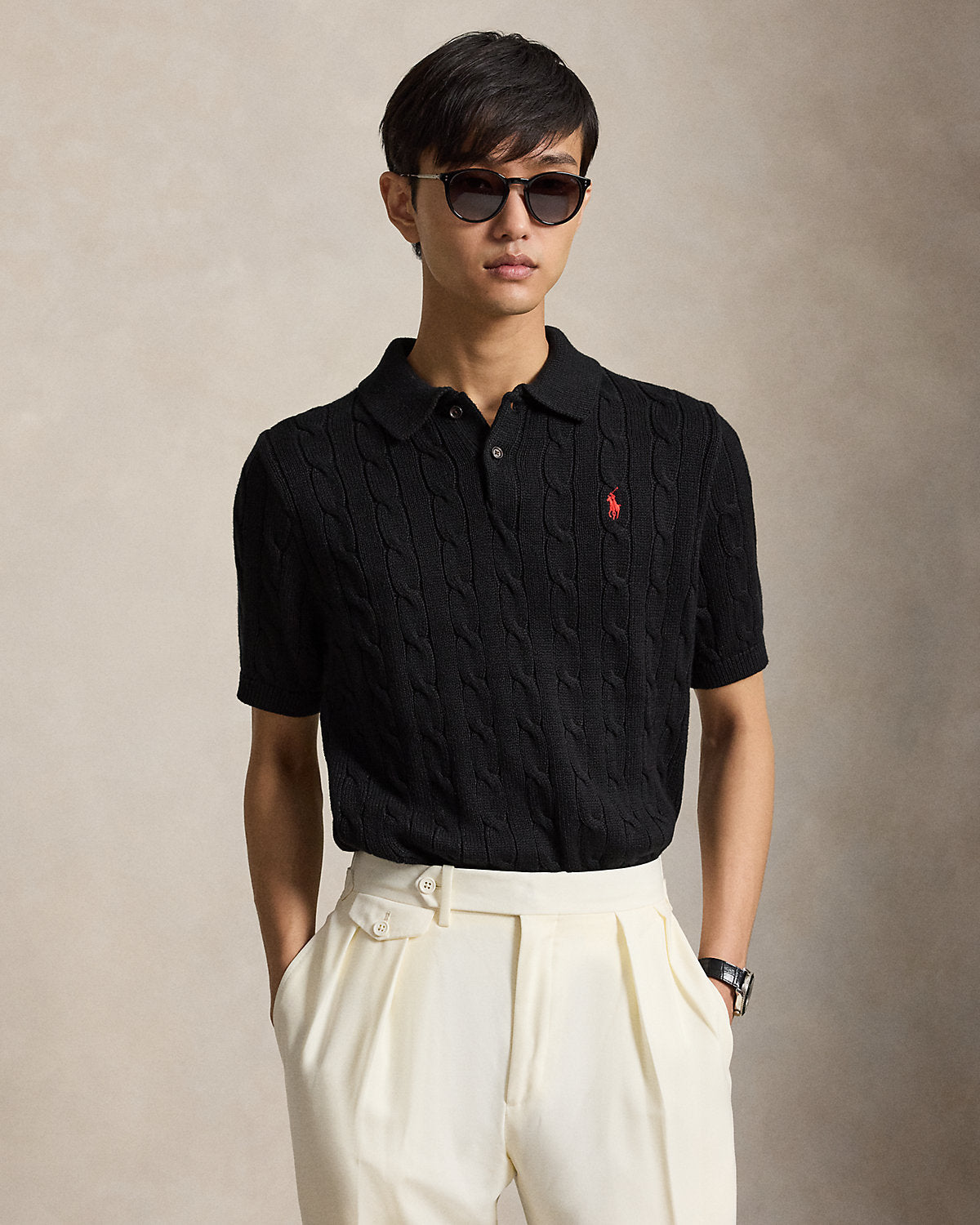 Cable-Knit Cotton Polo Sweater