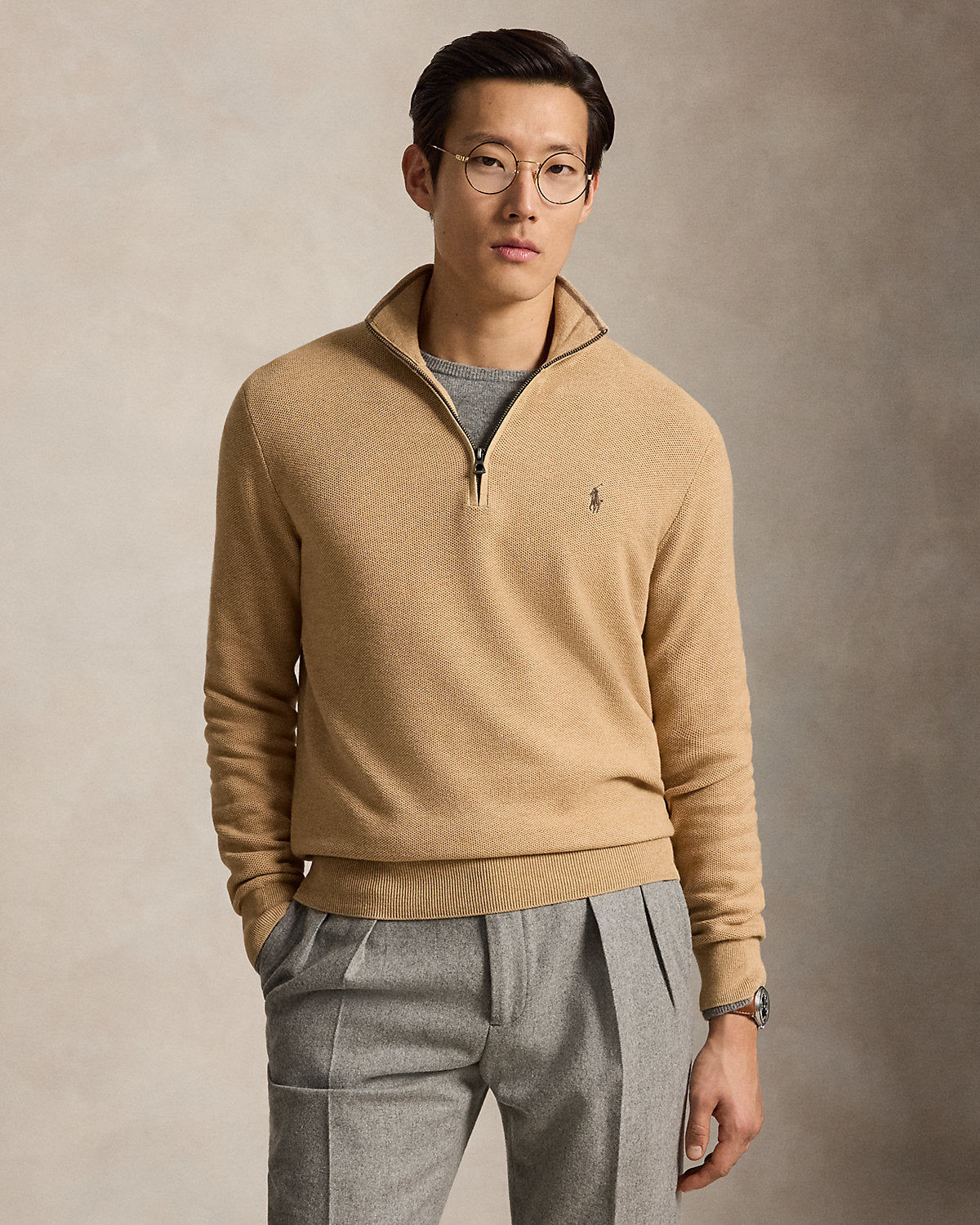Mesh-Knit Cotton Quarter-Zip Sweater