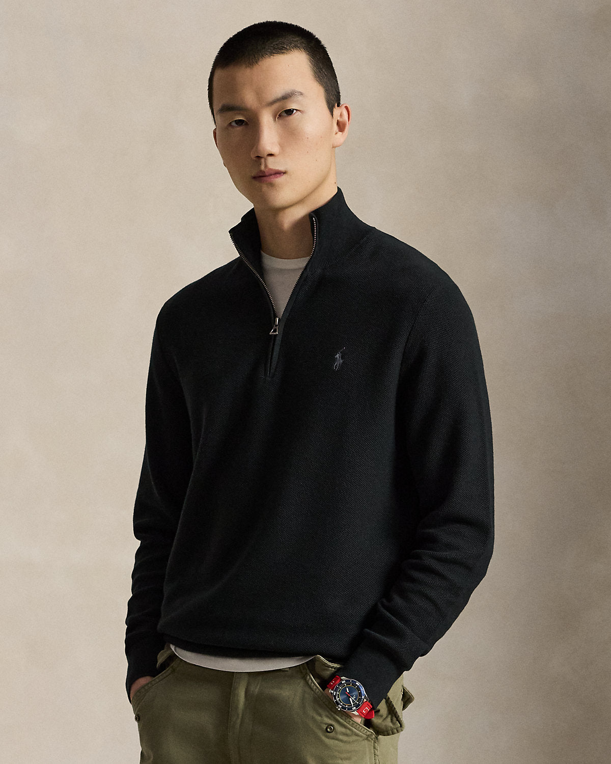 Mesh-Knit Cotton Quarter-Zip Sweater
