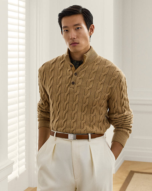 Cable-Knit Cashmere Mockneck Jumper Camel Melange